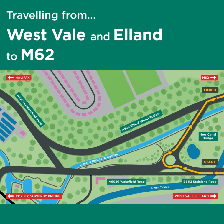 View of the area with arrow linking West Vale to the A629 via the new roundabout and the new canal bridge. 